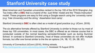 Stanford University case study
Most American and Canadian universities ranked in the top 100 of the 2016 Shanghai Jing
Tao Index offer a DBC that is a hybrid of the ‘Just Write’ model and the ‘Thesis Instruction’
model. These programs are easy to find using a Google search using the ‘university name’
(e.g. Yale University) and the string ‘ dissertation boot camp’.
Stanford University’s DBC is often cited as a model of good practice (e.g. UConn, 2016).
The six alternative formats offered by Stanford University is similar to those run by most of
these top 100 universities. In most cases, the DBC is offered as an intense course that is
conducted outside of the normal teaching semester/trimester such as during Summer
School. In contrast to Stanford University, most of these universities do not offer multiple
formats, but offer one format similar to the the six options (1A, 1B, 1C, 2A, 2B, 2C).
University of Connecticut (UConn) (2016), Writing retreats,
<http://writingcenter.uconn.edu/writing-retreats/>. Accessed 18 August 2016.
 