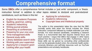 Comprehensive format
Some DBCs offer a comprehensive format includes a ‘just write’ component, a ‘thesis
instruction format’ in addition to other topics related to doctoral and post-doctoral
candidature, such as those in this list:
● English for Academic Purposes
● Spelling, grammar, editing
● Academic networking
● Writing journal articles
● Presenting at conferences
● Preparing for your viva voce
● Time-management skills
● General study skills
● Library database search skills
● Working with your supervisor
● Applying for a research grant
● Looking after your health
● Applying for scholarships
● Academic referencing
● Copyright laws and Intellectual property
The author is this presentation takes the view that the DBC
normally works best when the format includes the ‘thesis
instruction’ component followed by multiple extended ‘just write’
formats. For most doctoral candidates, completing a research
thesis is a monumental task that requires intense focus and
much practice. I argue that DBCs that engage in other topics
distract from the core focus of the DBC. Furthermore, most of
these skills can be gained by consulting other professionals
such as the graduate student union, the university health center,
university librarians and self-help resources such as YouTube
presentations and scholarly handbooks.
 