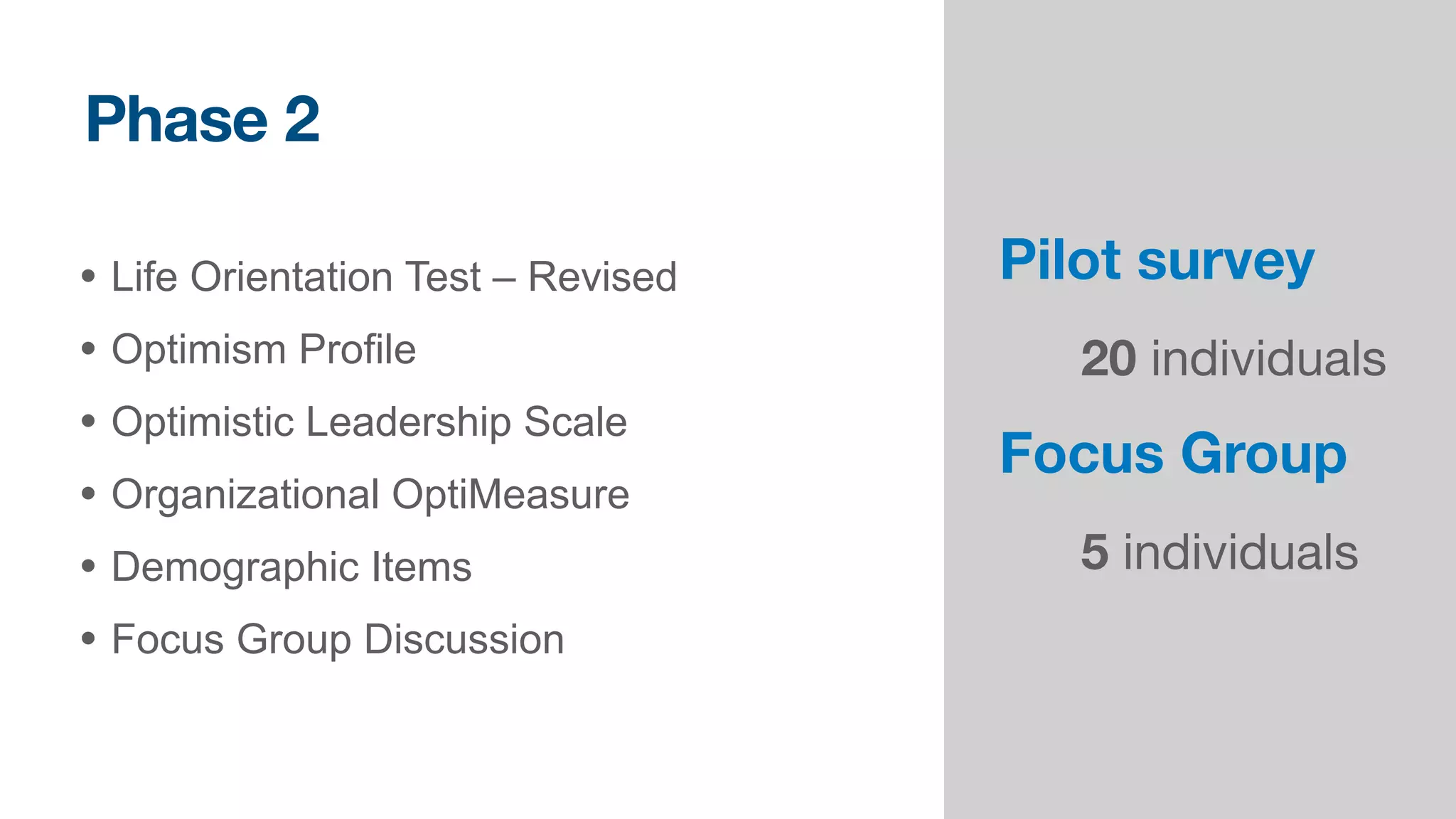 Phase 2
Phase 2: Approach
Pilot survey
20 individuals 

Focus Group
5 individuals
• Life Orientation Test – Revised


• Optimism Profile


• Optimistic Leadership Scale


• Organizational OptiMeasure


• Demographic Items


• Focus Group Discussion
 