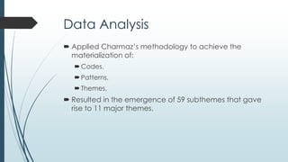 Credibility
Upheld by two qualitative approaches presented by Cho
and Trent (2006):
 Self-reflection and self-checking.
Aligns with Charmaz’s grounded theory data analysis
approach.
 Transactional validity.
Open-ended, non-leading questions.
Assuring the analysis is supported by the data.
Peer debriefing.
Inter-rater reliability (Cronbach’s alphas of .70, .85, and .89).
 