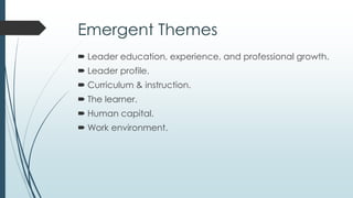 Emergent Themes (continued)
 Internal communication.
 External communication.
 Capital resources.
 Governing entity and legislators.
 Other influences.
 