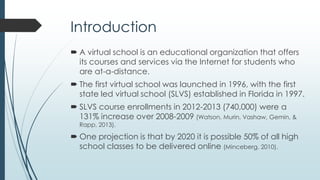 Problem Statement
 There are insufficient research-based findings to
adequately portray the role of the virtual school leader.
 For the topic of SLVS senior leaders, study findings are
extremely limited in quantity and scope.
 Additional research is needed to better understand the
parameters that define and impact the SLVS senior
leadership role and how SLVS senior leaders can best
address their responsibilities.
 