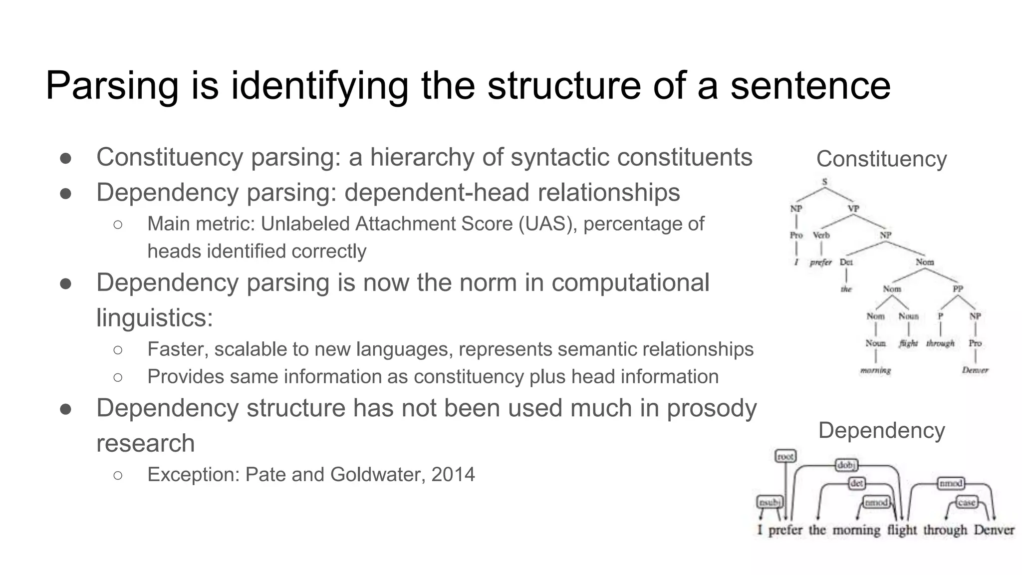 Parsing is identifying the structure of a sentence
● Constituency parsing: a hierarchy of syntactic constituents
● Dependency parsing: dependent-head relationships
○ Main metric: Unlabeled Attachment Score (UAS), percentage of
heads identified correctly
● Dependency parsing is now the norm in computational
linguistics:
○ Faster, scalable to new languages, represents semantic relationships
○ Provides same information as constituency plus head information
● Dependency structure has not been used much in prosody
research
○ Exception: Pate and Goldwater, 2014
Constituency
Dependency
 
