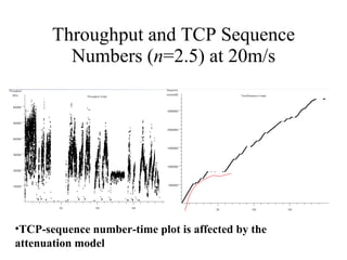 Throughput and TCP Sequence Numbers ( n =2.5) at 20m/s TCP-sequence number-time plot is affected by the  attenuation model  