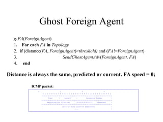 Ghost Foreign Agent g-FA ( ForeignAgen t)  1 .  For each   FA   in   Topology  2. i f  (distance( FA ,  ForeignAgent )> threshold)  and ( FA != ForeignAgent ) 3.  SendGhostAgentAdv ( ForeignAgent, FA ) 4.  end 0  1  2  3 0 1 2 3 4 5 6 7 8 9 0 1 2 3 4 5 6 7 8 9 0 1 2 3 4 5 6 7 8 9 0 1 +-+-+-+-+-+-+-+-+-+-+-+-+-+-+-+-+-+-+-+-+-+-+-+-+-+-+-+-+-+-+-+-+ |  Type  |  Length  |  Sequence Number  | +-+-+-+-+-+-+-+-+-+-+-+-+-+-+-+-+-+-+-+-+-+-+-+-+-+-+-+-+-+-+-+-+ |  Registration Lifetime  |R|B|H|F|M|G|V|  reserved  | +-+-+-+-+-+-+-+-+-+-+-+-+-+-+-+-+-+-+-+-+-+-+-+-+-+-+-+-+-+-+-+-+ |  zero or more Care-of Addresses  | |  ...  | ICMP packet: Distance is always the same, predicted or current. FA speed = 0; 