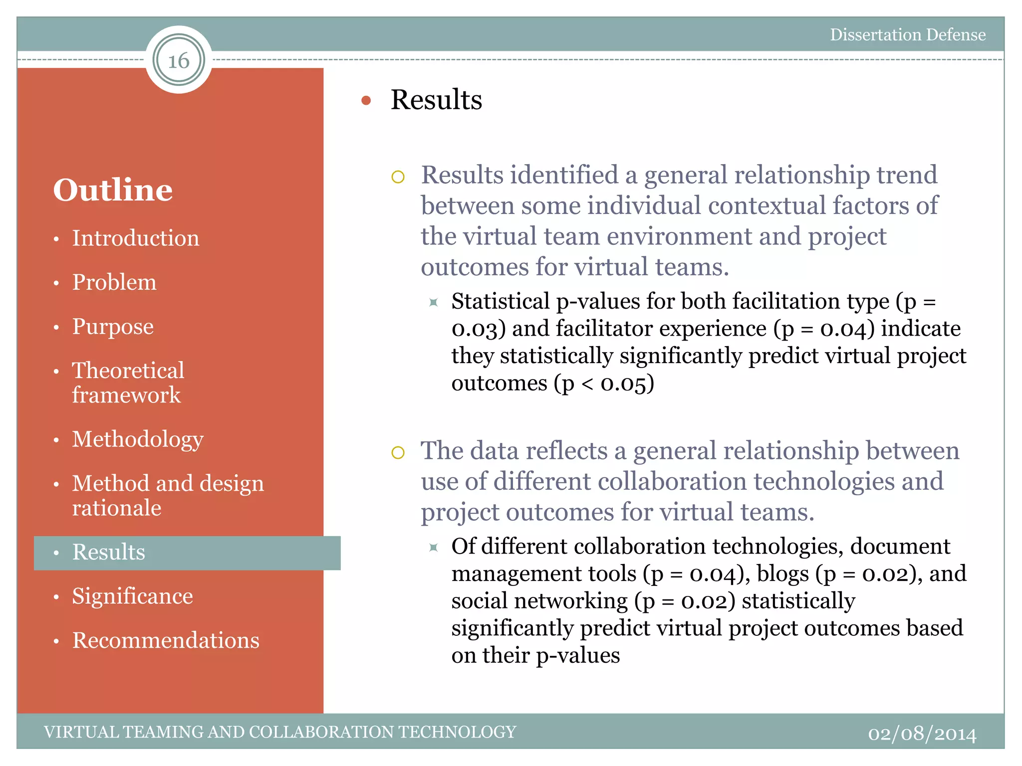 Outline
 Results
 Results identified a general relationship trend
between some individual contextual factors of
the virtual team environment and project
outcomes for virtual teams.
 Statistical p-values for both facilitation type (p =
0.03) and facilitator experience (p = 0.04) indicate
they statistically significantly predict virtual project
outcomes (p < 0.05)
 The data reflects a general relationship between
use of different collaboration technologies and
project outcomes for virtual teams.
 Of different collaboration technologies, document
management tools (p = 0.04), blogs (p = 0.02), and
social networking (p = 0.02) statistically
significantly predict virtual project outcomes based
on their p-values
16
02/08/2014VIRTUAL TEAMING AND COLLABORATION TECHNOLOGY
• Introduction
• Problem
• Purpose
• Theoretical
framework
• Methodology
• Method and design
rationale
• Results
• Significance
• Recommendations
Dissertation Defense
 