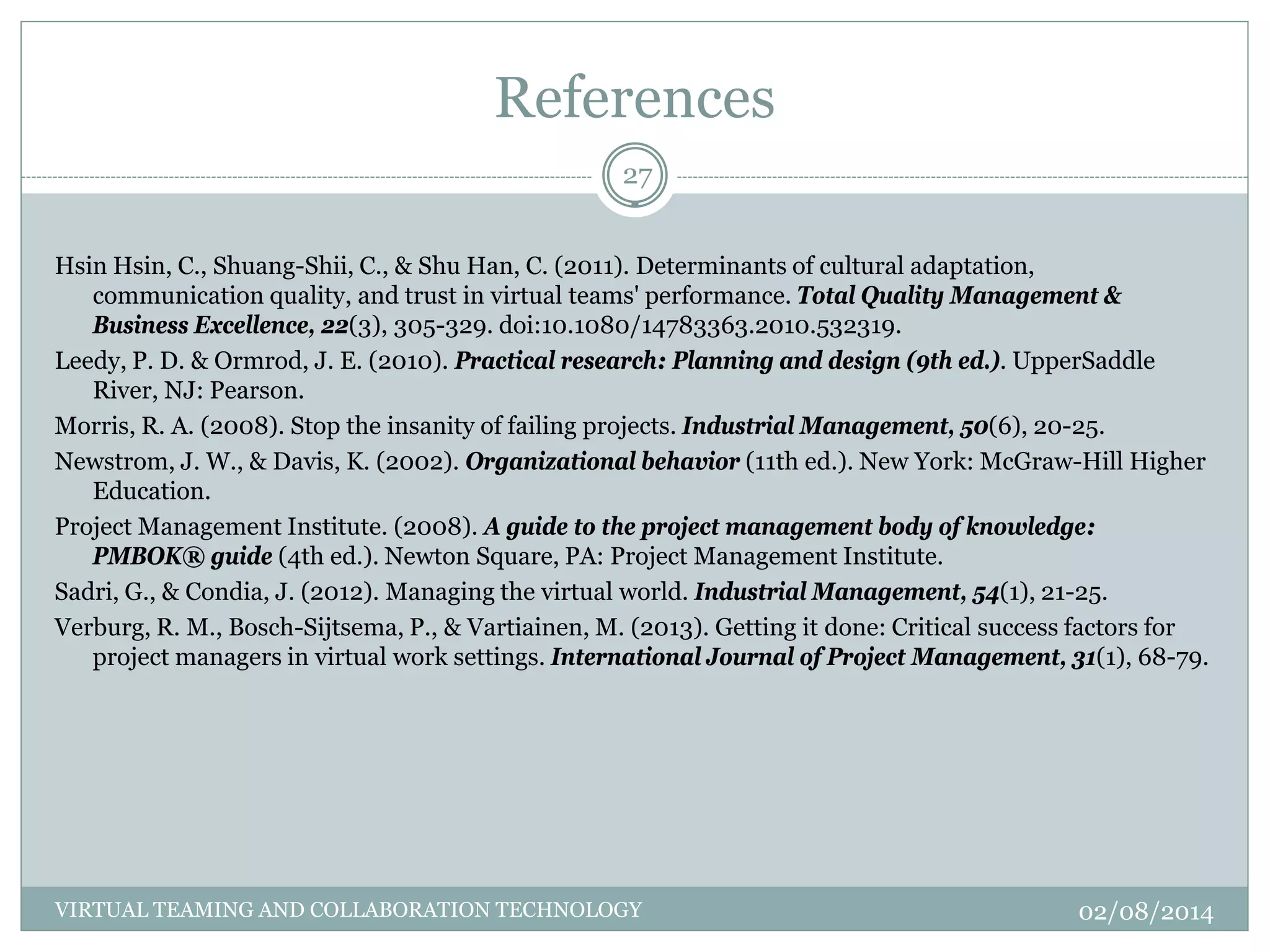 References
Hsin Hsin, C., Shuang-Shii, C., & Shu Han, C. (2011). Determinants of cultural adaptation,
communication quality, and trust in virtual teams' performance. Total Quality Management &
Business Excellence, 22(3), 305-329. doi:10.1080/14783363.2010.532319.
Leedy, P. D. & Ormrod, J. E. (2010). Practical research: Planning and design (9th ed.). UpperSaddle
River, NJ: Pearson.
Morris, R. A. (2008). Stop the insanity of failing projects. Industrial Management, 50(6), 20-25.
Newstrom, J. W., & Davis, K. (2002). Organizational behavior (11th ed.). New York: McGraw-Hill Higher
Education.
Project Management Institute. (2008). A guide to the project management body of knowledge:
PMBOK® guide (4th ed.). Newton Square, PA: Project Management Institute.
Sadri, G., & Condia, J. (2012). Managing the virtual world. Industrial Management, 54(1), 21-25.
Verburg, R. M., Bosch-Sijtsema, P., & Vartiainen, M. (2013). Getting it done: Critical success factors for
project managers in virtual work settings. International Journal of Project Management, 31(1), 68-79.
02/08/2014
27
VIRTUAL TEAMING AND COLLABORATION TECHNOLOGY
 