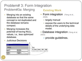 Problem# 3: Form Integration
 Problem#3a: Merging                 Existing Work
  Merging into an existing         Form integration         (Yang et al.,
   database so that the same         2008)
   concept is not duplicated and       largely manual
   the database remains                expose the users to the technical
   compact.                                details of the underlying data
  Merging increases the                   model.
   potential of having NULL         Database integration          (Yang et al.
   values, i.e., less optimized    2003)
   database.                              provide guidelines.
  Judicious Decisions




10
 
