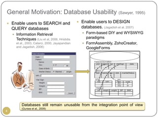 General Motivation: Database Usability (Sawyer, 1995)
 Enable users to SEARCH and                      Enable users to DESIGN
    QUERY databases                                databases. (Jagadish et al. 2007)
     Information Retrieval                         Form-based DIY and WYSIWYG
      Techniques (Liu et al, 2006, Hristidis         paradigms
      et al., 2003, Catarci, 2000, Jayapandian      FormAssembly, ZohoCreator,
      and Jagadish, 2006)                            GoogleForms




          Databases still remain unusable from the integration point of view
          (Gurses et al., 2009)
4
 