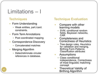Limitations – I
     Techniques                       Technique Evaluation
      Form Understanding                 Compare with other
        Weak entities, part./card.        learning models
         constraints.                      SVM, conditional random
                                            fields, Bayesian networks,
      Form Term Annotations                CAR
        Post coordinated mapping         Completeness and
      Correspondence Discovery            Correctness of Heuristics
                                           Tree design rules, Heuristics
        Concatenated matches
                                            for validation and merging,
      Merging Algorithm                    Birthing Form Patterns,
                                            Classification attributes
        Detect/eliminate circular
                                          Assumptions
         references in database.
                                           Class conditional
                                            independence, Correctness
                                            of most linguistic matching
                                            concept
41                                        Theoretical Validity of
                                           Birthing Algorithm
 