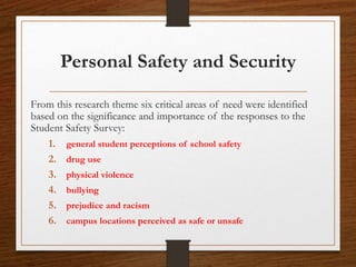 Personal Safety and Security
From this research theme six critical areas of need were identified
based on the significance and importance of the responses to the
Student Safety Survey:
1. general student perceptions of school safety
2. drug use
3. physical violence
4. bullying
5. prejudice and racism
6. campus locations perceived as safe or unsafe
 