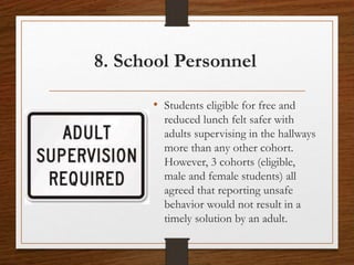 8. School Personnel
• Students eligible for free and
reduced lunch felt safer with
adults supervising in the hallways
more than any other cohort.
However, 3 cohorts (eligible,
male and female students) all
agreed that reporting unsafe
behavior would not result in a
timely solution by an adult.
 