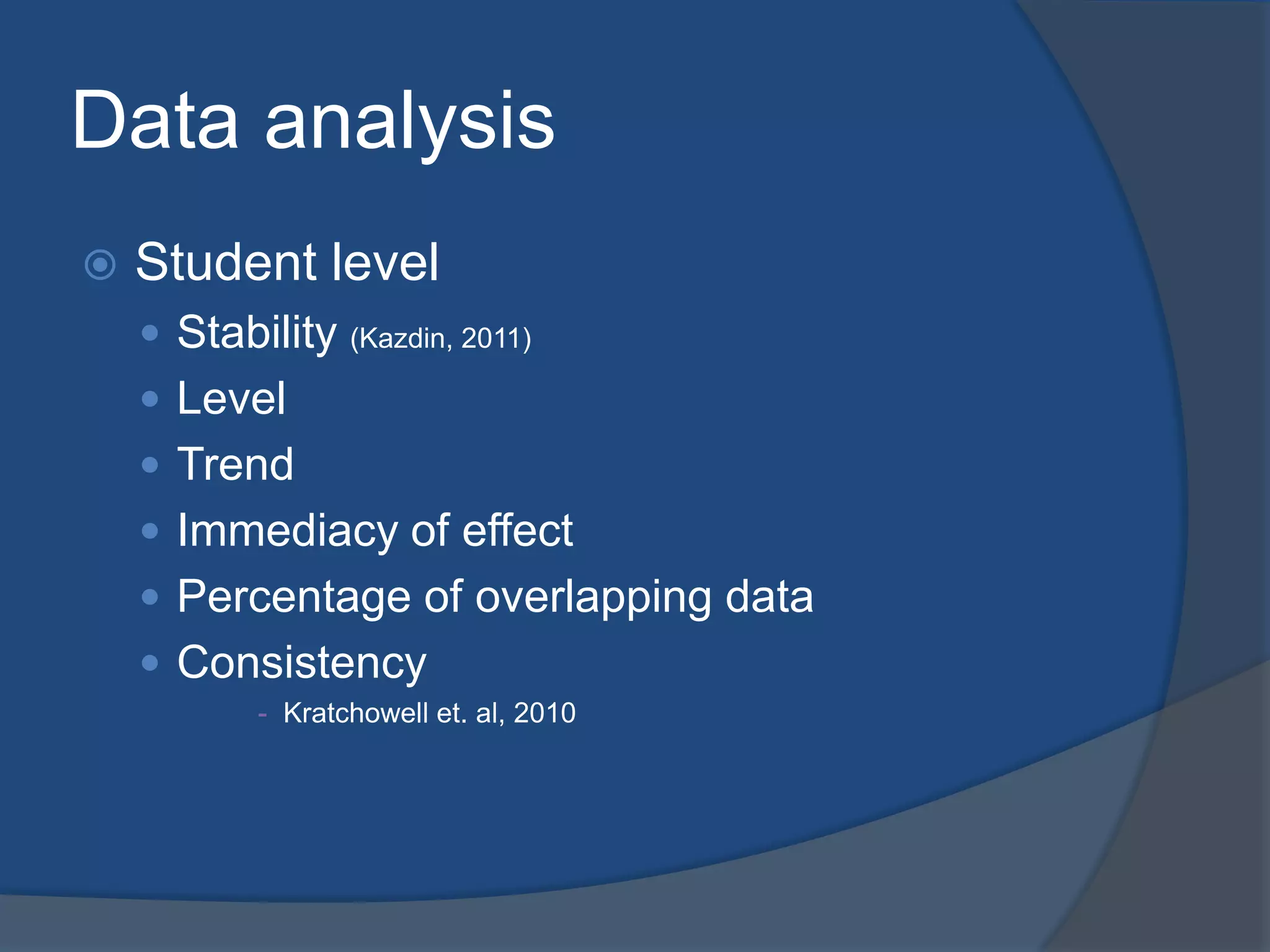 Data analysis


Student level
 Stability

(Kazdin, 2011)

 Level
 Trend
 Immediacy of effect
 Percentage of overlapping data
 Consistency
- Kratchowell et. al, 2010

 