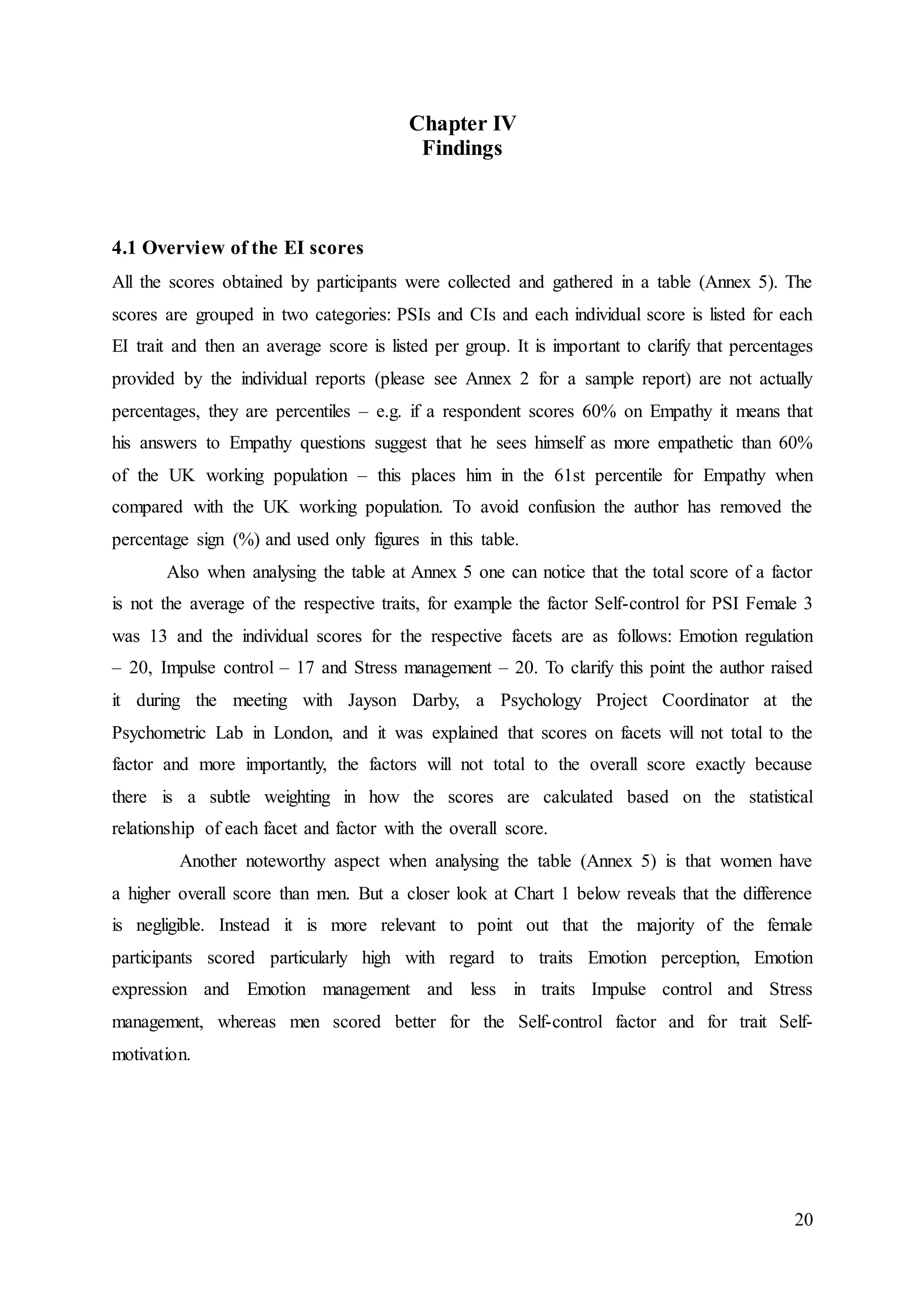 20
Chapter IV
Findings
4.1 Overview of the EI scores
All the scores obtained by participants were collected and gathered in a table (Annex 5). The
scores are grouped in two categories: PSIs and CIs and each individual score is listed for each
EI trait and then an average score is listed per group. It is important to clarify that percentages
provided by the individual reports (please see Annex 2 for a sample report) are not actually
percentages, they are percentiles – e.g. if a respondent scores 60% on Empathy it means that
his answers to Empathy questions suggest that he sees himself as more empathetic than 60%
of the UK working population – this places him in the 61st percentile for Empathy when
compared with the UK working population. To avoid confusion the author has removed the
percentage sign (%) and used only figures in this table.
Also when analysing the table at Annex 5 one can notice that the total score of a factor
is not the average of the respective traits, for example the factor Self-control for PSI Female 3
was 13 and the individual scores for the respective facets are as follows: Emotion regulation
– 20, Impulse control – 17 and Stress management – 20. To clarify this point the author raised
it during the meeting with Jayson Darby, a Psychology Project Coordinator at the
Psychometric Lab in London, and it was explained that scores on facets will not total to the
factor and more importantly, the factors will not total to the overall score exactly because
there is a subtle weighting in how the scores are calculated based on the statistical
relationship of each facet and factor with the overall score.
Another noteworthy aspect when analysing the table (Annex 5) is that women have
a higher overall score than men. But a closer look at Chart 1 below reveals that the difference
is negligible. Instead it is more relevant to point out that the majority of the female
participants scored particularly high with regard to traits Emotion perception, Emotion
expression and Emotion management and less in traits Impulse control and Stress
management, whereas men scored better for the Self-control factor and for trait Self-
motivation.
 