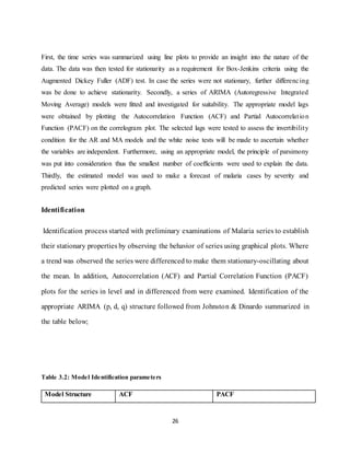 26
First, the time series was summarized using line plots to provide an insight into the nature of the
data. The data was then tested for stationarity as a requirement for Box-Jenkins criteria using the
Augmented Dickey Fuller (ADF) test. In case the series were not stationary, further differencing
was be done to achieve stationarity. Secondly, a series of ARIMA (Autoregressive Integrated
Moving Average) models were fitted and investigated for suitability. The appropriate model lags
were obtained by plotting the Autocorrelation Function (ACF) and Partial Autocorrelation
Function (PACF) on the correlogram plot. The selected lags were tested to assess the invertibility
condition for the AR and MA models and the white noise tests will be made to ascertain whether
the variables are independent. Furthermore, using an appropriate model, the principle of parsimony
was put into consideration thus the smallest number of coefficients were used to explain the data.
Thirdly, the estimated model was used to make a forecast of malaria cases by severity and
predicted series were plotted on a graph.
Identification
Identification process started with preliminary examinations of Malaria series to establish
their stationary properties by observing the behavior of series using graphical plots. Where
a trend was observed the series were differenced to make them stationary-oscillating about
the mean. In addition, Autocorrelation (ACF) and Partial Correlation Function (PACF)
plots for the series in level and in differenced from were examined. Identification of the
appropriate ARIMA (p, d, q) structure followed from Johnston & Dinardo summarized in
the table below;
Table 3.2: Model Identification parameters
Model Structure ACF PACF
 