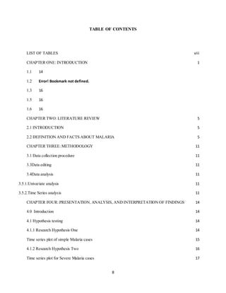 8
TABLE OF CONTENTS
LIST OF TABLES viii
CHAPTER ONE: INTRODUCTION 1
1.1 14
1.2 Error! Bookmark not defined.
1.3 16
1.5 16
1.6 16
CHAPTER TWO: LITERATURE REVIEW 5
2.1 INTRODUCTION 5
2.2 DEFINITION AND FACTS ABOUT MALARIA 5
CHAPTER THREE: METHODOLOGY 11
3.1 Data collection procedure 11
3.3Data editing 11
3.4Data analysis 11
3.5.1.Univariate analysis 11
3.5.2.Time Series analysis 11
CHAPTER FOUR: PRESENTATION, ANALYSIS, AND INTERPRETATION OF FINDINGS 14
4.0 Introduction 14
4.1 Hypothesis testing 14
4.1.1 Research Hypothesis One 14
Time series plot of simple Malaria cases 15
4.1.2 Research Hypothesis Two 16
Time series plot for Severe Malaria cases 17
 