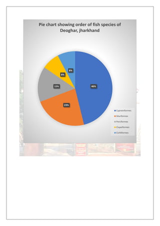 46%
23%
15%
8%
8%
Pie chart showing order of fish species of
Deoghar, jharkhand
Cypreiniformes
Siluriformes
Perciformes
Clupeiformes
Cichliformes
 
