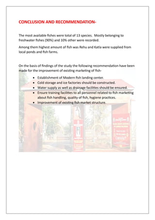 CONCLUSION AND RECOMMENDATION-
The most available fishes were total of 13 species. Mostly belonging to
freshwater fishes (90%) and 10% other were recorded.
Among them highest amount of fish was Rehu and Katla were supplied from
local ponds and fish farms.
On the basis of findings of the study the following recommendation have been
made for the improvement of existing marketing of fish-
• Establishment of Modern fish landing center.
• Cold storage and ice factories should be constructed.
• Water supply as well as drainage facilities should be ensured.
• Ensure training facilities to all personnel related to fish marketing
about fish handling, quality of fish, hygiene practices.
• Improvement of existing fish market structure.
 