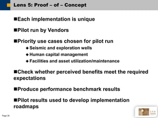 Lens 5: Proof – of – Concept

          Each implementation is unique

          Pilot run by Vendors

          Priori...