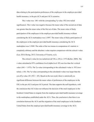 113
data relating to the participation preferences of the employees in the employer-provided
health insurance, in the pre-ACA and post ACA scenarios.
The t-value was -.061 with the corresponding *p-value .952 (two-tailed
significance). The t-value was negative because the mean value of the second set of data
was greater than the mean value of the first set of data. The mean value of likely
participation of the employees in the employer-provided health insurance without
considering the ACA marketplace was 3.3897. The mean value of likely participation of
the employees in the employer-provided health insurance considering the ACA
marketplace was 3.3949. The order of the two means in computation of t-statistic is
completely arbitrary and the absolute t-value requires comparison with the critical t-value
(Lee, 2014; Rising, 2013; University of Victoria, n.d.).
The critical t-value for two-tailed test (df 194, α .05) is 1.973 (Keller, 2009). The
t-value calculated at 95% confidence level (alpha level .05) was less than the t-critical
value (.061 < 1.973). The *p-value corresponding to the calculated t-value is .952 (two-
tailed, α .05). The *p-value corresponding to the calculated t-value was larger than the
cut-off p-value .05 (.952 > .05). Based on the test result, there is statistically no
significant difference between the mean values of preferences of the employees in the
ESI, in the pre-ACA and post-ACA period. The data supports the null hypothesis, with
the conclusion that ACA does not influence the decision of the retail employees in the
Southern United States to migrate from the employer-provided health insurance coverage
to the marketplace established under the ACA. Thus, the conclusion is that there is no
correlation between the ACA and the migration of the retail employees in the Southern
United States from the employer-provided health insurance coverage to the ACA
 