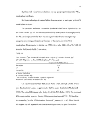 118
Ha: Mean rank of preferences of at least one age group to participate in the ACA
marketplace is different.
H0: Mean ranks of preferences of all the four age groups to participate in the ACA
marketplace are equal.
The researcher performed a two-tailed Kruskal-Wallis H test at alpha level .05 on
the factor variable age and the outcome variable likely participation of the employees in
the ACA marketplace to test if there was any significant difference among the age
categories concerning participation preferences of the employees in the ACA
marketplace. The computed H statistic was 9.758 with p-value .021(α .05, df 3). Table 10
contains the Kruskal-Wallis H test output.
Table 10
Test Statisticsa,b
for Kruskal-Wallis One-Way Analysis of Variance Test on Age
(N=198: Migration to the ACA Marketplace, N=202: Age)
Migration to ACA Marketplace
Chi-square 9.758
df 3
Asymp. Sig. .021*
a. Kruskal Wallis Test
b. Grouping Variable: Age
Note. Asymp. Sig. is abbreviation for Asymptotic Significance
* Statistical significance at the .05 level (p < .05)
Chi-square value interprets the Kruskal-Wallis H test, although Kruskal-Wallis
uses the H statistic, because H approximates the Chi-square distribution (MacFarland,
1998). The critical Chi-square value for (α .05, df 3) is 7.81 (Keller, 2009). The computed
Chi-square-statistic is greater than the Chi-square critical-value (9.758 > 7.81) and the
corresponding *p-value .021 is less than the cut-off *p-value (.02 < .05). Thus, data did
not support the null hypothesis and there was enough evidence to go in favor of the
 