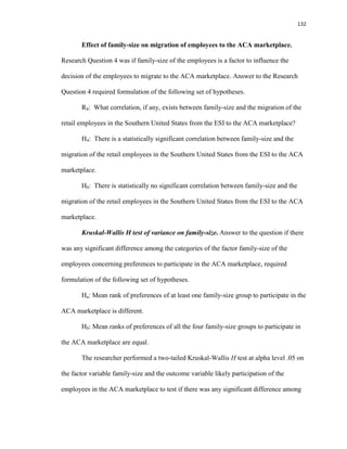 132
Effect of family-size on migration of employees to the ACA marketplace.
Research Question 4 was if family-size of the employees is a factor to influence the
decision of the employees to migrate to the ACA marketplace. Answer to the Research
Question 4 required formulation of the following set of hypotheses.
R4: What correlation, if any, exists between family-size and the migration of the
retail employees in the Southern United States from the ESI to the ACA marketplace?
H4: There is a statistically significant correlation between family-size and the
migration of the retail employees in the Southern United States from the ESI to the ACA
marketplace.
H0: There is statistically no significant correlation between family-size and the
migration of the retail employees in the Southern United States from the ESI to the ACA
marketplace.
Kruskal-Wallis H test of variance on family-size. Answer to the question if there
was any significant difference among the categories of the factor family-size of the
employees concerning preferences to participate in the ACA marketplace, required
formulation of the following set of hypotheses.
Ha: Mean rank of preferences of at least one family-size group to participate in the
ACA marketplace is different.
H0: Mean ranks of preferences of all the four family-size groups to participate in
the ACA marketplace are equal.
The researcher performed a two-tailed Kruskal-Wallis H test at alpha level .05 on
the factor variable family-size and the outcome variable likely participation of the
employees in the ACA marketplace to test if there was any significant difference among
 