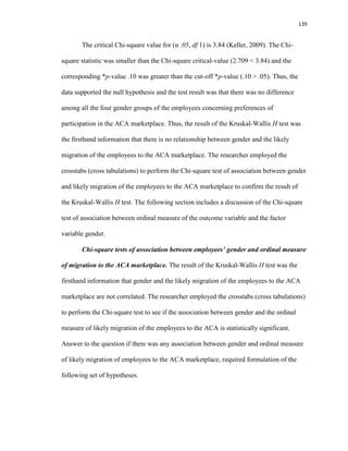 139
The critical Chi-square value for (α .05, df 1) is 3.84 (Keller, 2009). The Chi-
square statistic was smaller than the Chi-square critical-value (2.709 < 3.84) and the
corresponding *p-value .10 was greater than the cut-off *p-value (.10 > .05). Thus, the
data supported the null hypothesis and the test result was that there was no difference
among all the four gender groups of the employees concerning preferences of
participation in the ACA marketplace. Thus, the result of the Kruskal-Wallis H test was
the firsthand information that there is no relationship between gender and the likely
migration of the employees to the ACA marketplace. The researcher employed the
crosstabs (cross tabulations) to perform the Chi-square test of association between gender
and likely migration of the employees to the ACA marketplace to confirm the result of
the Kruskal-Wallis H test. The following section includes a discussion of the Chi-square
test of association between ordinal measure of the outcome variable and the factor
variable gender.
Chi-square tests of association between employees’ gender and ordinal measure
of migration to the ACA marketplace. The result of the Kruskal-Wallis H test was the
firsthand information that gender and the likely migration of the employees to the ACA
marketplace are not correlated. The researcher employed the crosstabs (cross tabulations)
to perform the Chi-square test to see if the association between gender and the ordinal
measure of likely migration of the employees to the ACA is statistically significant.
Answer to the question if there was any association between gender and ordinal measure
of likely migration of employees to the ACA marketplace, required formulation of the
following set of hypotheses.
 