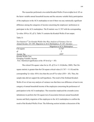 144
The researcher performed a two-tailed Kruskal-Wallis H test at alpha level .05 on
the factor variable annual household income and the outcome variable likely participation
of the employees in the ACA marketplace to test if there was any statistically significant
difference among the categories of income concerning the employees’ preferences to
participate in the ACA marketplace. The H statistic was 11.767 with the corresponding
*p-value .038 (α .05, df 3). Table 31 contains the Kruskal-Wallis H test output.
Table 31
Test Statisticsa,b
for Kruskal-Wallis One-Way Analysis of Variance Test on
Annual Income: (N=198: Migration to ACA Marketplace, N=187: Income)
Migration to ACA Marketplace
Chi-square 11.767
df 5
Asymp. Sig. .038*
a. Kruskal Wallis Test
b. Grouping Variable: Income
Note. Statistical significance at the .05 level (p < .05)
The critical Chi-square value for (α .05, df 5) is 11.10 (Keller, 2009). The Chi-
square statistic is greater than the Chi-square critical-value (11.767 > 11.10) and the
corresponding *p-value .038 is less than the cut-off *p-value (.038 < .05). Thus, the
sample data did not support the null hypothesis. The result of the firsthand Kruskal-
Wallis H test of one-way analysis of variance was that there was difference at least in one
category of annual household income of the employees concerning the preferences of
participation in the ACA marketplace. The researcher employed the crosstabs (cross
tabulations) to perform the Chi-square test of association between annual household
income and likely migration of the employees to the ACA marketplace to confirm the
result of the Kruskal-Wallis H test. The following section includes a discussion of the
 