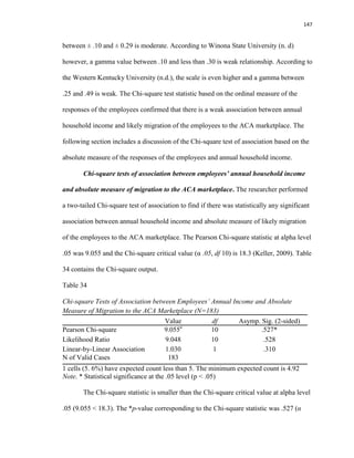 147
between ± .10 and ± 0.29 is moderate. According to Winona State University (n. d)
however, a gamma value between .10 and less than .30 is weak relationship. According to
the Western Kentucky University (n.d.), the scale is even higher and a gamma between
.25 and .49 is weak. The Chi-square test statistic based on the ordinal measure of the
responses of the employees confirmed that there is a weak association between annual
household income and likely migration of the employees to the ACA marketplace. The
following section includes a discussion of the Chi-square test of association based on the
absolute measure of the responses of the employees and annual household income.
Chi-square tests of association between employees’ annual household income
and absolute measure of migration to the ACA marketplace. The researcher performed
a two-tailed Chi-square test of association to find if there was statistically any significant
association between annual household income and absolute measure of likely migration
of the employees to the ACA marketplace. The Pearson Chi-square statistic at alpha level
.05 was 9.055 and the Chi-square critical value (α .05, df 10) is 18.3 (Keller, 2009). Table
34 contains the Chi-square output.
Table 34
Chi-square Tests of Association between Employees’ Annual Income and Absolute
Measure of Migration to the ACA Marketplace (N=183)
Value df Asymp. Sig. (2-sided)
Pearson Chi-square 9.055a
10 .527*
Likelihood Ratio 9.048 10 .528
Linear-by-Linear Association 1.030 1 .310
N of Valid Cases 183
a. 1 cells (5. 6%) have expected count less than 5. The minimum expected count is 4.92
Note. * Statistical significance at the .05 level (p < .05)
The Chi-square statistic is smaller than the Chi-square critical value at alpha level
.05 (9.055 < 18.3). The *p-value corresponding to the Chi-square statistic was .527 (α
 