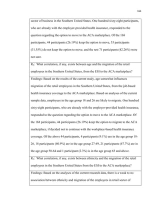 166
sector of business in the Southern United States. One hundred sixty-eight participants,
who are already with the employer-provided health insurance, responded to the
question regarding the option to move to the ACA marketplace. Of the 168
participants, 44 participants (26.19%) keep the option to move, 53 participants
(31.55%) do not keep the option to move, and the rest 71 participants (42.26%) were
not sure.
R2: What correlation, if any, exists between age and the migration of the retail
employees in the Southern United States, from the ESI to the ACA marketplace?
Findings: Based on the results of the current study, age somewhat influences
migration of the retail employees in the Southern United States, from the job-based
health insurance coverage to the ACA marketplace. Based on analyses of the current
sample data, employees in the age group 18 and 26 are likely to migrate. One hundred
sixty-eight participants, who are already with the employer-provided health insurance,
responded to the question regarding the option to move to the ACA marketplace. Of
the 168 participants, 44 participants (26.19%) keep the option to migrate to the ACA
marketplace, if decided not to continue with the workplace-based health insurance
coverage. Of the above 44 participants, 4 participants (9.1%) are in the age group 18-
26, 18 participants (40.9%) are in the age group 27-49, 21 participants (47.7%) are in
the age group 50-64 and 1 participant (2.3%) is in the age group 65 and above.
R3: What correlation, if any, exists between ethnicity and the migration of the retail
employees in the Southern United States from the ESI to the ACA marketplace?
Findings: Based on the analyses of the current research data, there is a weak to no
association between ethnicity and migration of the employees in retail sector of
 
