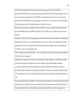 169
$23,550, 2 participants (4.5%) are in the income group $23,551-$33,000, 9
participants (20.4%) are in the income group $33,001-$47,100, 11 participants (25%)
are in the income group $47,101-$70,650, 6 participants (13.6%) are in the income
group $70,651-$94,200, and 9 participants (20.4%) are in the income above $94,200.
Three participants (6.8%) preferred not to mention income.
Survey Questionnaire 23 (SQ 23): Do you think you have enough information about
the new healthcare law (popularly called ACA) and the way it impacts you and your
family?
Findings: Nearly a half the participants in retail business in the Southern United States
reported not to have a clear understanding of the ACA. About one-third of the survey
participants (33.67%) reported to have the required knowledge. The rest participants
(17.09%) were not sure (Figure 26).
Survey Questionnaire 24 (SQ 24): How satisfied are you with the health care benefits
offered by your company?
Findings: The majorities of the retail employees in the Southern United States highly
value and expressed satisfaction with the employer-provided health insurance
coverage. Nearly 65% of the participants reported satisfaction with the employer-
provided health benefits, followed by around 26%, who are somewhat satisfied. Only
2.9% participants were not satisfied with the employer-offered health benefits (Figure
29).
Survey Questionnaire 25 (SQ 25): Do you think the employer should communicate the
employees more about how the new health care law impacts them and their families?
Findings: More than two-third of the participants (68.34%) want the employers to
 