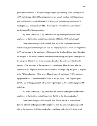 176
participants responded to the question regarding the option to buy health coverage at the
ACA marketplace. Of the 168 participants, who are already enrolled with the employer-
provided insurance, 44 participants (26.19%) keep the option to migrate to the ACA
marketplace, 53 participants (31.55%) do not keep the option to move, and the rest 71
participants (42.26%) were not sure.
R2: What correlation, if any, exists between age and migration of the retail
employees in the Southern United States, from the ESI to the ACA marketplace?
Based on the analyses of the research data, age of the employees somewhat
influences migration of the employees from the employer-provided health coverage to the
ACA marketplace, in the retail sector of business in the Southern United States. Based on
the analyses of the ordinal response data of the current survey participants, employees in
the age group 18 and 26 are likely to migrate. Based on the analyses of the absolute
measure of the responses of the current survey participants, 44 participants, who are
already with the employer-provided health insurance coverage, keep the option to migrate
to the ACA marketplace. Of the above 44 participants, 4 participants (9.1%) are in the
age group 18-26, 18 participants (40.9%) are in the age group 27-49, 21 participants
(47.7%) are in the age group 50-64, and only 1 participant (2.3%) is in the age group 65
and above.
R3: What correlation, if any, exists between ethnicity and migration of the retail
employees in the Southern United States from the ESI to the ACA marketplace?
Based on the analyses of the research data, there is a weak to no association
between ethnicity and migration of the employees from the employer-sponsored health
plan to the plans provided in the marketplace established under the ACA, in the retail
 