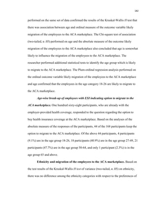 182
performed on the same set of data confirmed the results of the Kruskal-Wallis H test that
there was association between age and ordinal measure of the outcome variable likely
migration of the employees to the ACA marketplace. The Chi-square test of association
(two-tailed, α .05) performed on age and the absolute measure of the outcome likely
migration of the employees to the ACA marketplace also concluded that age is somewhat
likely to influence the migration of the employees to the ACA marketplace. The
researcher performed additional statistical tests to identify the age group which is likely
to migrate to the ACA marketplace. The Plum-ordinal regression analysis performed on
the ordinal outcome variable likely migration of the employees to the ACA marketplace
and age confirmed that the employees in the age category 18-26 are likely to migrate to
the ACA marketplace.
Age-wise break-up of employees with ESI indicating option to migrate to the
ACA marketplace. One hundred sixty-eight participants, who are already with the
employer-provided health coverage, responded to the question regarding the option to
buy health insurance coverage at the ACA marketplace. Based on the analyses of the
absolute measure of the responses of the participants, 44 of the 168 participants keep the
option to migrate to the ACA marketplace. Of the above 44 participants, 4 participants
(9.1%) are in the age group 18-26, 18 participants (40.9%) are in the age group 27-49, 21
participants (47.7%) are in the age group 50-64, and only 1 participant (2.3%) is in the
age group 65 and above.
Ethnicity and migration of the employees to the ACA marketplace. Based on
the test results of the Kruskal-Wallis H test of variance (two-tailed, α .05) on ethnicity,
there was no difference among the ethnicity categories with respect to the preferences of
 