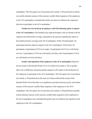 184
marketplace. The Chi-square test of association (two-tailed, α .05) performed on family-
size and the absolute measure of the outcome variable likely migration of the employees
to the ACA marketplace concluded that family-size does not influence the employees’
decision to participate in the ACA marketplace.
Family-size-wise break-up of employees with ESI indicating option to migrate
to the ACA marketplace. One hundred sixty-eight participants, who are already with the
employer-provided health coverage, responded to the question regarding the option to
buy health insurance coverage at the ACA marketplace. Of the 168 participants, 44
participants keep the option to migrate to the ACA marketplace. Of the above 44
participants, 8 participants (18.2%) are single, 15 participants (34.1%) are with family-
size two, 7 participants (15.9%) are with family-size three, and 14 participants (31.8%)
are with family-size four and above.
Gender and migration of the employees to the ACA marketplace. Based on
the test results of the Kruskal-Wallis H test of variance (two-tailed, α .05) on gender,
there was no difference among the gender categories with respect to the preferences of
the employees to participate in the ACA marketplace. The Chi-square test of association
(two-tailed, α .05) performed on the same set of data confirmed the results of the
Kruskal-Wallis H test that there is no significant association between gender and ordinal
measure of the outcome variable likely migration of the employees to the ACA
marketplace. The Chi-square test of association (two-tailed, α .05) performed on gender
and the absolute measure of the outcome variable likely migration of the employees to
the ACA marketplace also concluded that gender does not influence the migration of the
employees to the ACA marketplace.
 