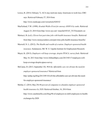 213
Lowes, R. (2014, February 7). ACA may motivate many Americans to work less, CBO
says. Retrieved February 27, 2014 from
http://www.medscape.com/viewarticle/820332
MacFarland, T.W. (1998). Kruskal-Wallis H test for oneway ANOVA by ranks. Retrieved
August 23, 2014 from http://www.nyx.net/~tmacfarl/STAT_TUT/kruskalw.ssi
Martucci, B. (n.d.). Eleven best part-time jobs with health insurance benefits. Retrieved
from http://www.moneycrashers.com/part-time-jobs-health-insurance-benefits/
Maxwell, N. L. (2012). The Health and wealth of a nation: Employer-sponsored health
insurance. Kalamazoo, MI: W. E. Upjohn Institute for Employment Research.
Mayer, K. (2013). Employers will keep coverage, despite PPACA, survey finds. Retrieved
May 18, 2013 from http://www.lifehealthpro.com/2013/05/17/employers-will-
keep-coverage-despite-ppaca-survey
McCanne, D. (2013, September 10). Will the Affordable care Act obviate the need for
employer-sponsored insurance? Retrieved from
http://pnhp.org/blog/2013/09/10/will-the-affordable-care-act-obviate-the-need-
for-employer-sponsored-insurance/
Merhar, C. (2014, May 29) 90 percent of companies to abandon employer-sponsored
health insurance by 2020. Retrieved October, 16, 2014 from
http://www.zanebenefits.com/blog/90-of-employers-to-shift-employees-to-health-
exchanges-by-2020
 