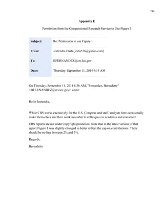239
Appendix E
Permission from the Congressional Research Service to Use Figure 3
Subject: Re: Permission to use Figure 1
From: Jeetendra Dash (jeetu526@yahoo.com)
To: BFERNANDEZ@crs.loc.gov;
Date: Thursday, September 11, 2014 9:14 AM
On Thursday, September 11, 2014 8:36 AM, "Fernandez, Bernadette"
<BFERNANDEZ@crs.loc.gov> wrote:
Hello Jeetendra,
While CRS works exclusively for the U.S. Congress and staff, analysts here occasionally
make themselves and their work available to colleagues in academia and elsewhere.
CRS reports are not under copyright protection. Note that in the latest version of that
report Figure 1 was slightly changed to better reflect the cap on contributions. There
should be no line between 2% and 3%.
Regards,
Bernadette
 