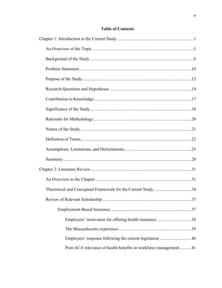 vi
Table of Contents
Chapter 1: Introduction to the Current Study ......................................................................1
An Overview of the Topic .............................................................................................1
Background of the Study ...............................................................................................6
Problem Statement.......................................................................................................10
Purpose of the Study....................................................................................................12
Research Questions and Hypotheses ...........................................................................14
Contribution to Knowledge..........................................................................................17
Significance of the Study.............................................................................................18
Rationale for Methodology..........................................................................................20
Nature of the Study......................................................................................................21
Definition of Terms......................................................................................................22
Assumptions, Limitations, and Delimitations..............................................................25
Summary......................................................................................................................28
Chapter 2: Literature Review.............................................................................................31
An Overview to the Chapter ........................................................................................31
Theoretical and Conceptual Framework for the Current Study...................................34
Review of Relevant Scholarship..................................................................................37
Employment-Based Insurance ..........................................................................37
Employers’ motivation for offering health insurance............................... 38
The Massachusetts experience.................................................................. 39
Employers’ response following the current legislation ............................ 40
Post-ACA relevance of health benefits in workforce management.......... 41
 