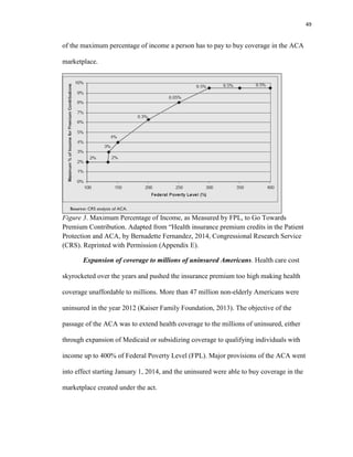 49
of the maximum percentage of income a person has to pay to buy coverage in the ACA
marketplace.
Figure 3. Maximum Percentage of Income, as Measured by FPL, to Go Towards
Premium Contribution. Adapted from “Health insurance premium credits in the Patient
Protection and ACA, by Bernadette Fernandez, 2014, Congressional Research Service
(CRS). Reprinted with Permission (Appendix E).
Expansion of coverage to millions of uninsured Americans. Health care cost
skyrocketed over the years and pushed the insurance premium too high making health
coverage unaffordable to millions. More than 47 million non-elderly Americans were
uninsured in the year 2012 (Kaiser Family Foundation, 2013). The objective of the
passage of the ACA was to extend health coverage to the millions of uninsured, either
through expansion of Medicaid or subsidizing coverage to qualifying individuals with
income up to 400% of Federal Poverty Level (FPL). Major provisions of the ACA went
into effect starting January 1, 2014, and the uninsured were able to buy coverage in the
marketplace created under the act.
 