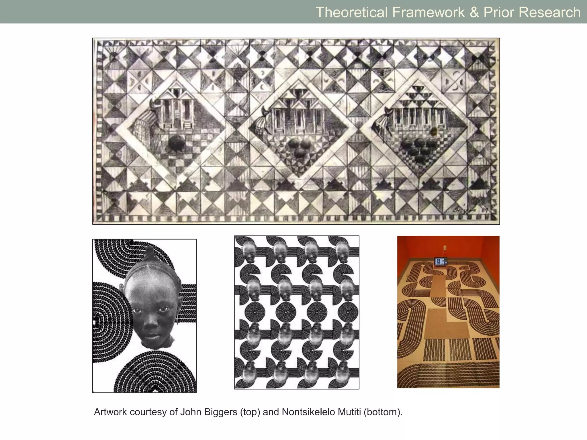 Artwork courtesy of Sanford Biggers. Lotus CSDT courtesy of Ron Eglash/RPI.
Theoretical Framework & Prior Research
 