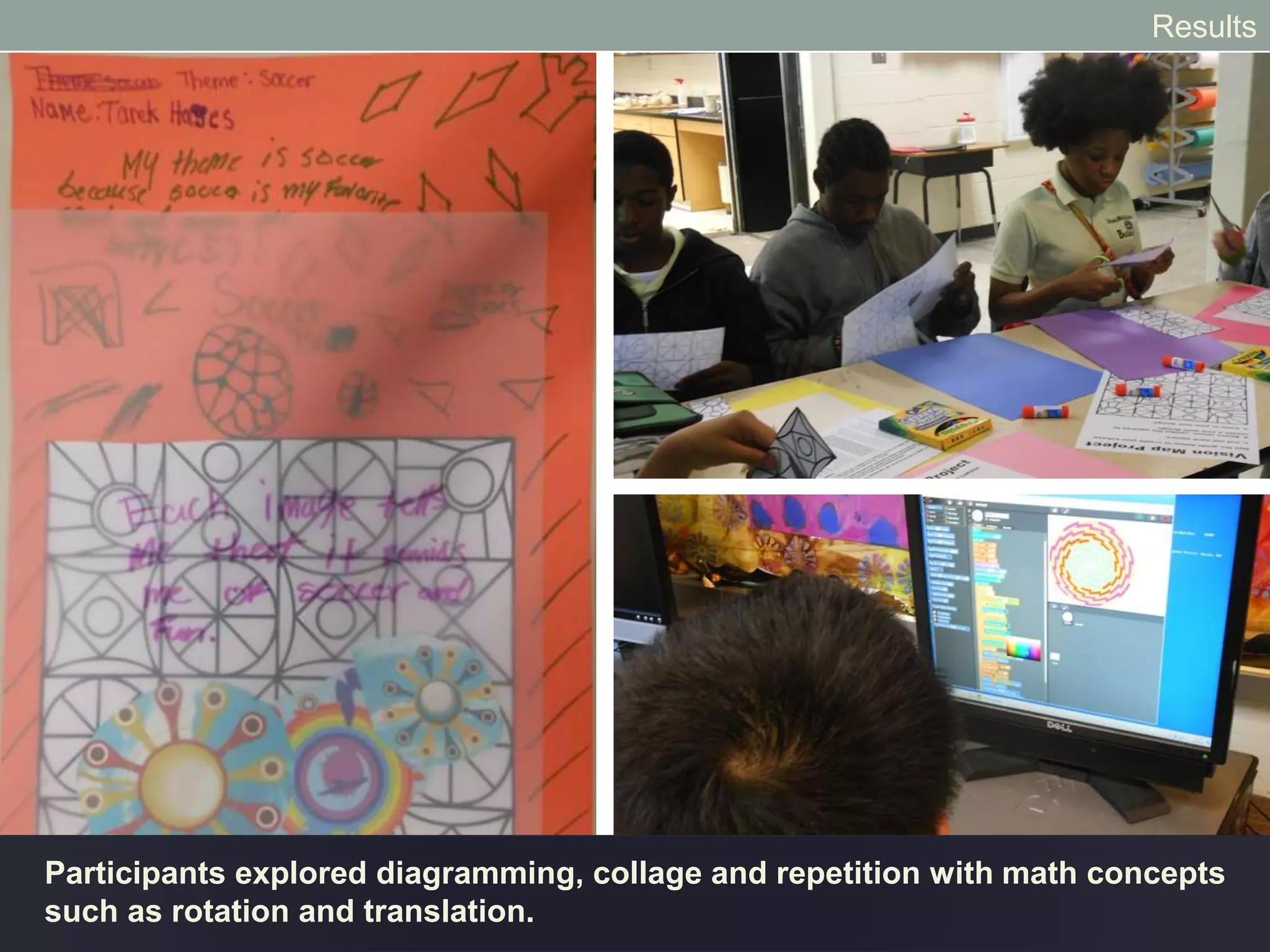 NG: What is a map?
Student1: A map is anything that is in the area.
Student2: A diagram of a certain place.
NG: Okay. So show something that is in this particular area.
[Several students point to different objects in the room.]
NG: What’s a vision map?
Student3: Something that you visualize in your mind.
Results
 