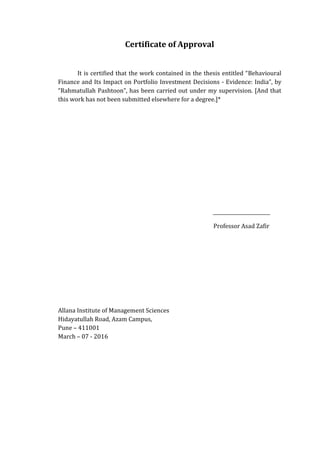 Dissertation on behavioral finance and its impact on portfolio investment decisions