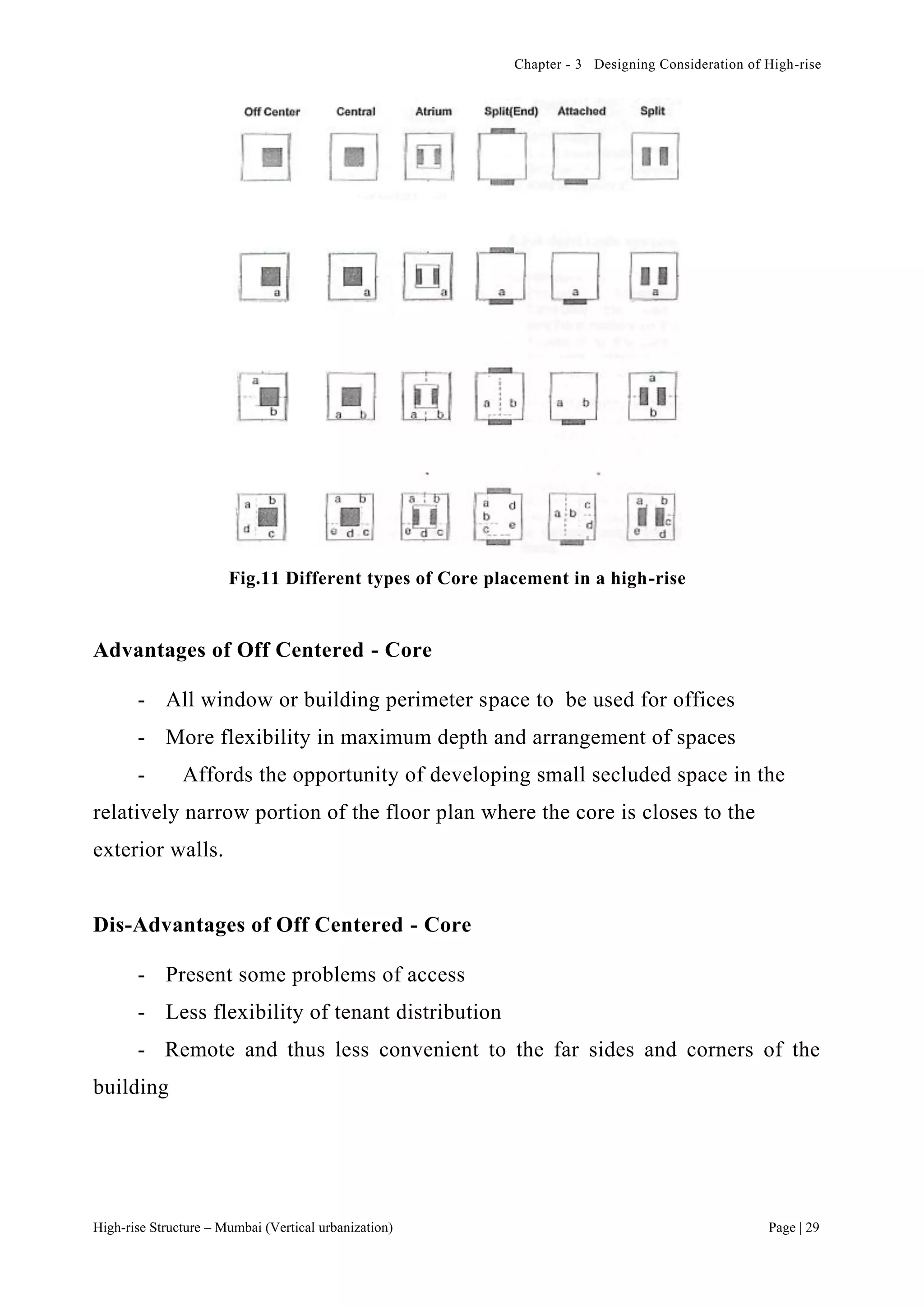 Chapter - 3 Designing Consideration of High-rise
High-rise Structure – Mumbai (Vertical urbanization) Page | 29
Fig.11 Different types of Core placement in a high-rise
Advantages of Off Centered - Core
- All window or building perimeter space to be used for offices
- More flexibility in maximum depth and arrangement of spaces
- Affords the opportunity of developing small secluded space in the
relatively narrow portion of the floor plan where the core is closes to the
exterior walls.
Dis-Advantages of Off Centered - Core
- Present some problems of access
- Less flexibility of tenant distribution
- Remote and thus less convenient to the far sides and corners of the
building
 
