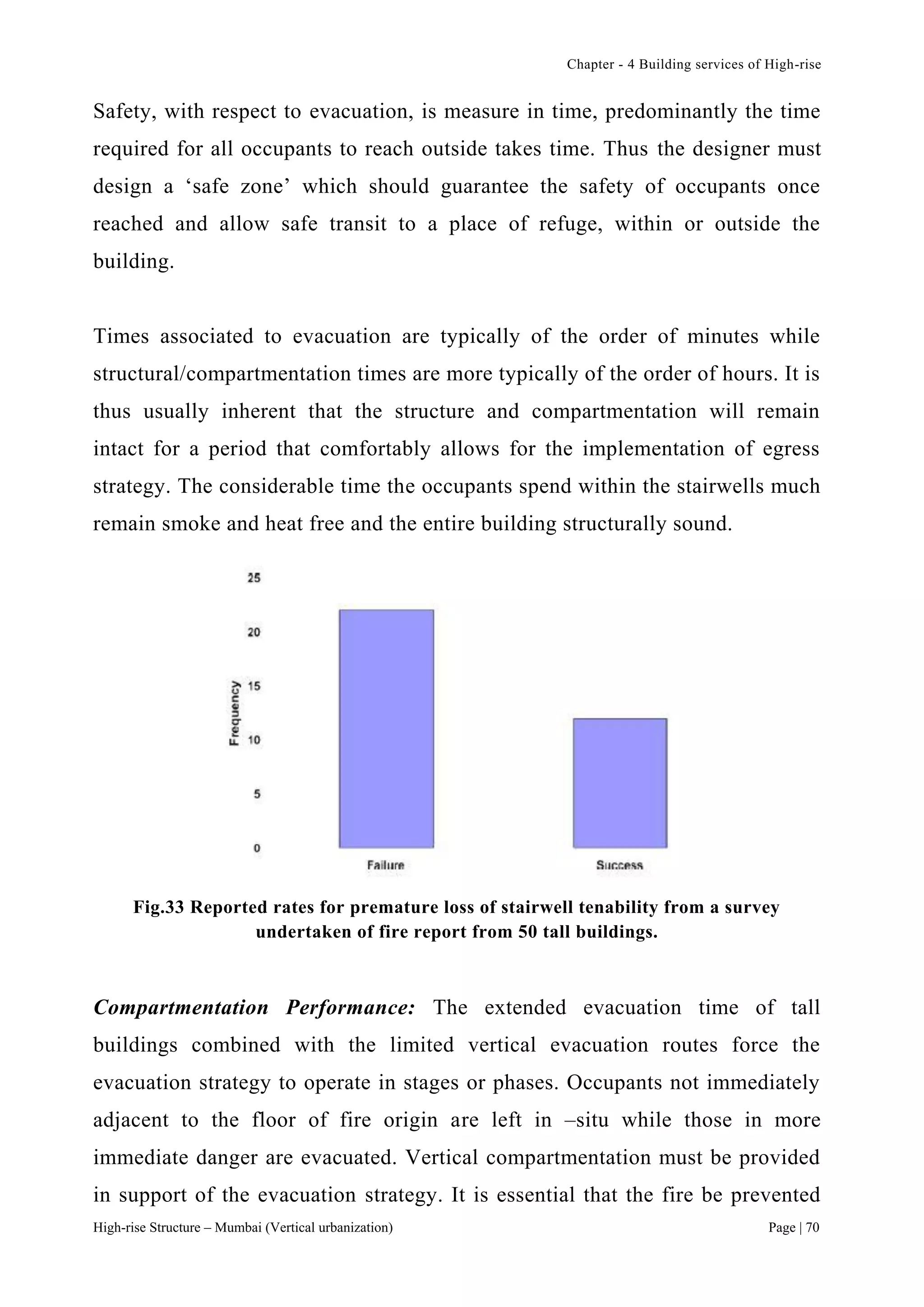 Chapter - 4 Building services of High-rise
High-rise Structure – Mumbai (Vertical urbanization) Page | 70
Safety, with respect to evacuation, is measure in time, predominantly the time
required for all occupants to reach outside takes time. Thus the designer must
design a ‘safe zone’ which should guarantee the safety of occupants once
reached and allow safe transit to a place of refuge, within or outside the
building.
Times associated to evacuation are typically of the order of minutes while
structural/compartmentation times are more typically of the order of hours. It is
thus usually inherent that the structure and compartmentation will remain
intact for a period that comfortably allows for the implementation of egress
strategy. The considerable time the occupants spend within the stairwells much
remain smoke and heat free and the entire building structurally sound.
Fig.33 Reported rates for premature loss of stairwell tenability from a survey
undertaken of fire report from 50 tall buildings.
Compartmentation Performance: The extended evacuation time of tall
buildings combined with the limited vertical evacuation routes force the
evacuation strategy to operate in stages or phases. Occupants not immediately
adjacent to the floor of fire origin are left in –situ while those in more
immediate danger are evacuated. Vertical compartmentation must be provided
in support of the evacuation strategy. It is essential that the fire be prevented
 