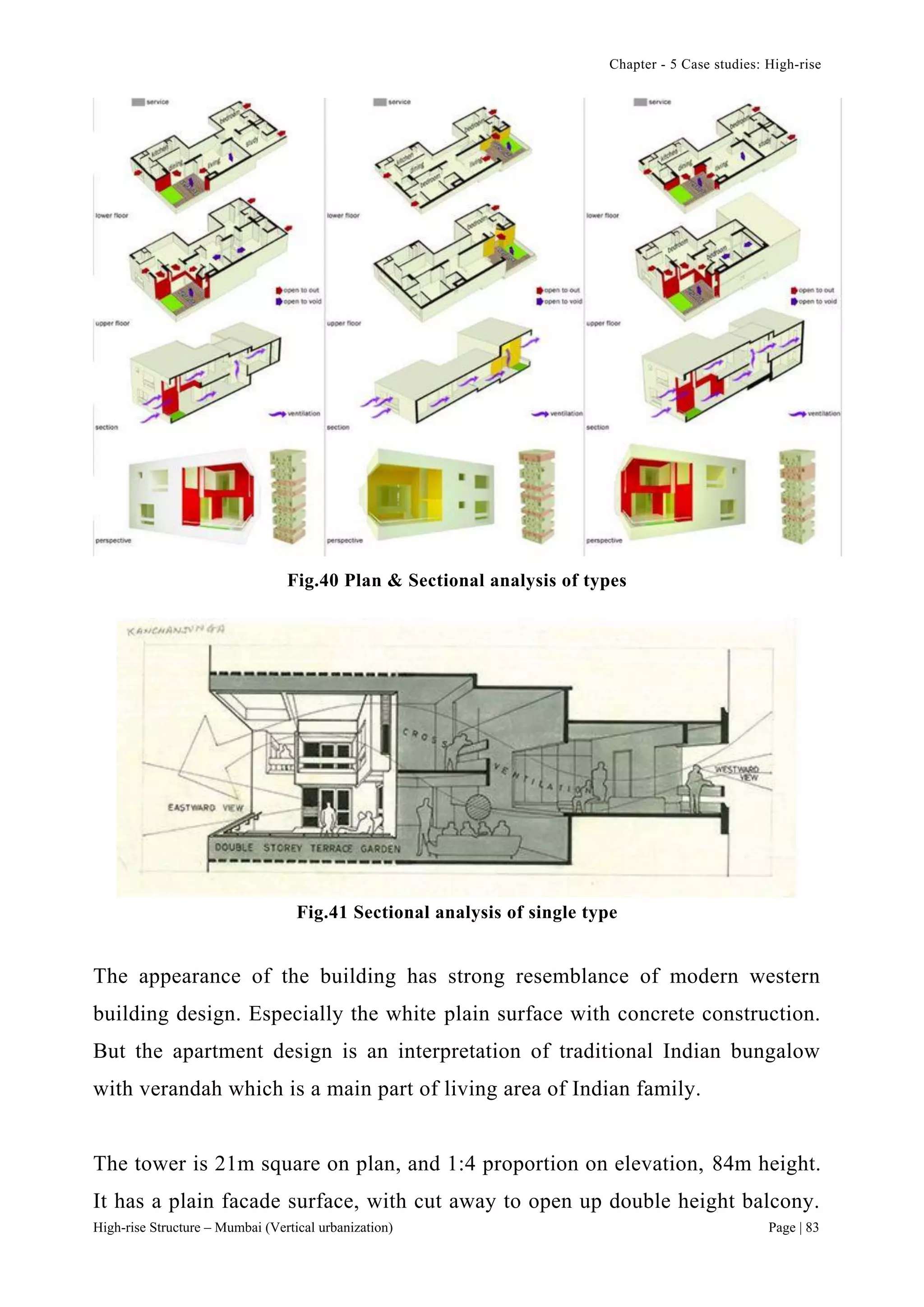 Chapter - 5 Case studies: High-rise
High-rise Structure – Mumbai (Vertical urbanization) Page | 83
Fig.40 Plan & Sectional analysis of types
Fig.41 Sectional analysis of single type
The appearance of the building has strong resemblance of modern western
building design. Especially the white plain surface with concrete construction.
But the apartment design is an interpretation of traditional Indian bungalow
with verandah which is a main part of living area of Indian family.
The tower is 21m square on plan, and 1:4 proportion on elevation, 84m height.
It has a plain facade surface, with cut away to open up double height balcony.
 
