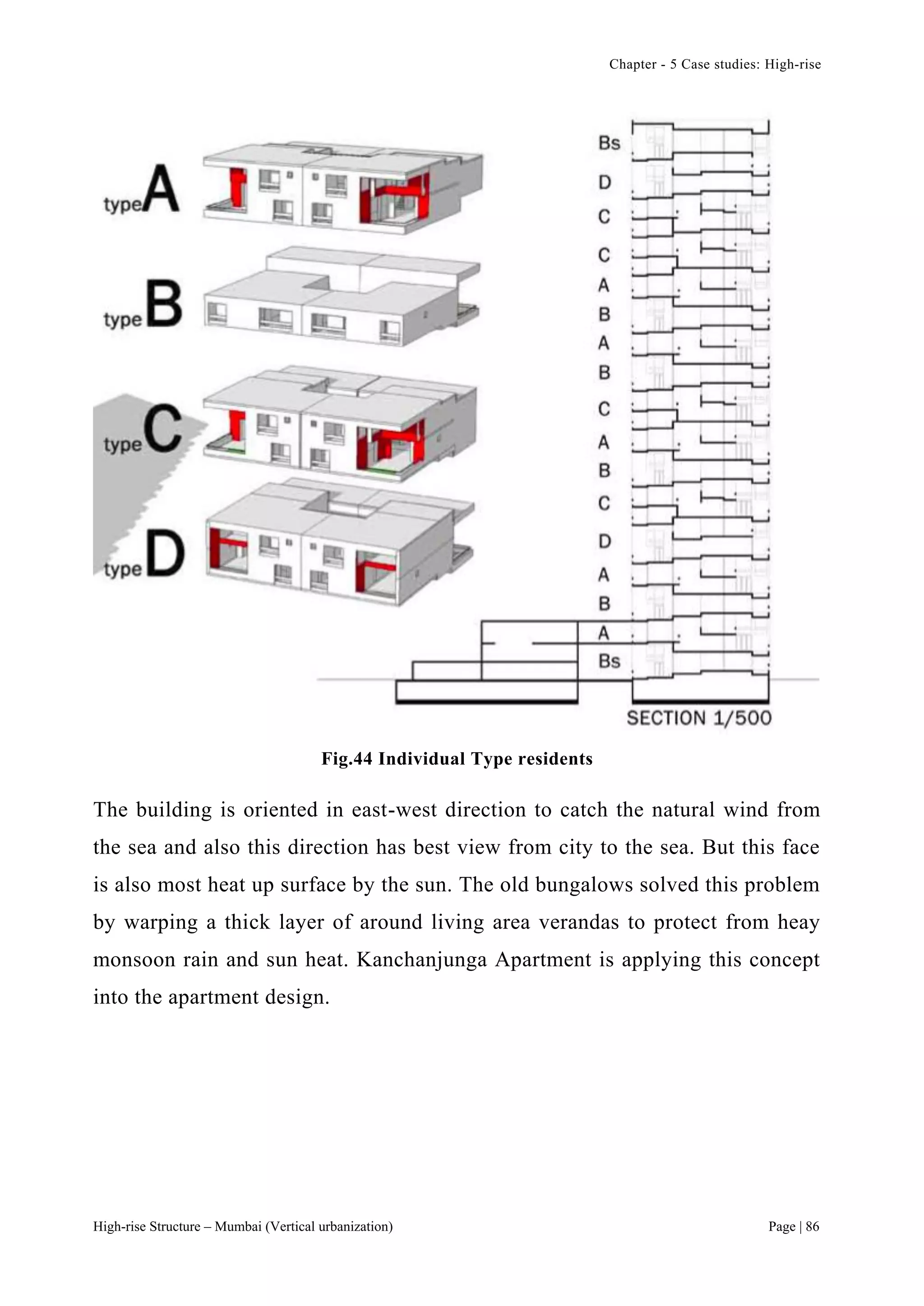 Chapter - 5 Case studies: High-rise
High-rise Structure – Mumbai (Vertical urbanization) Page | 86
Fig.44 Individual Type residents
The building is oriented in east-west direction to catch the natural wind from
the sea and also this direction has best view from city to the sea. But this face
is also most heat up surface by the sun. The old bungalows solved this problem
by warping a thick layer of around living area verandas to protect from heay
monsoon rain and sun heat. Kanchanjunga Apartment is applying this concept
into the apartment design.
 