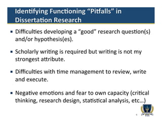 ¡  Diﬃcul1es	
  developing	
  a	
  “good”	
  research	
  ques1on(s)	
  
and/or	
  hypothesis(es).	
  
¡  Scholarly	
  wri1ng	
  is	
  required	
  but	
  wri1ng	
  is	
  not	
  my	
  
strongest	
  aTribute.	
  
¡  Diﬃcul1es	
  with	
  1me	
  management	
  to	
  review,	
  write	
  
and	
  execute.	
  
¡  Nega1ve	
  emo1ons	
  and	
  fear	
  to	
  own	
  capacity	
  (cri1cal	
  
thinking,	
  research	
  design,	
  sta1s1cal	
  analysis,	
  etc…)	
  
6
 