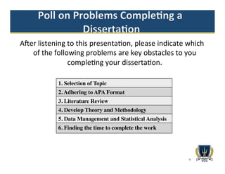 A@er	
  listening	
  to	
  this	
  presenta1on,	
  please	
  indicate	
  which	
  
of	
  the	
  following	
  problems	
  are	
  key	
  obstacles	
  to	
  you	
  
comple1ng	
  your	
  disserta1on.	
  	
  
	
  
9
1. Selection of Topic
2. Adhering to APA Format
3. Literature Review
4. Develop Theory and Methodology
5. Data Management and Statistical Analysis
6. Finding the time to complete the work
 