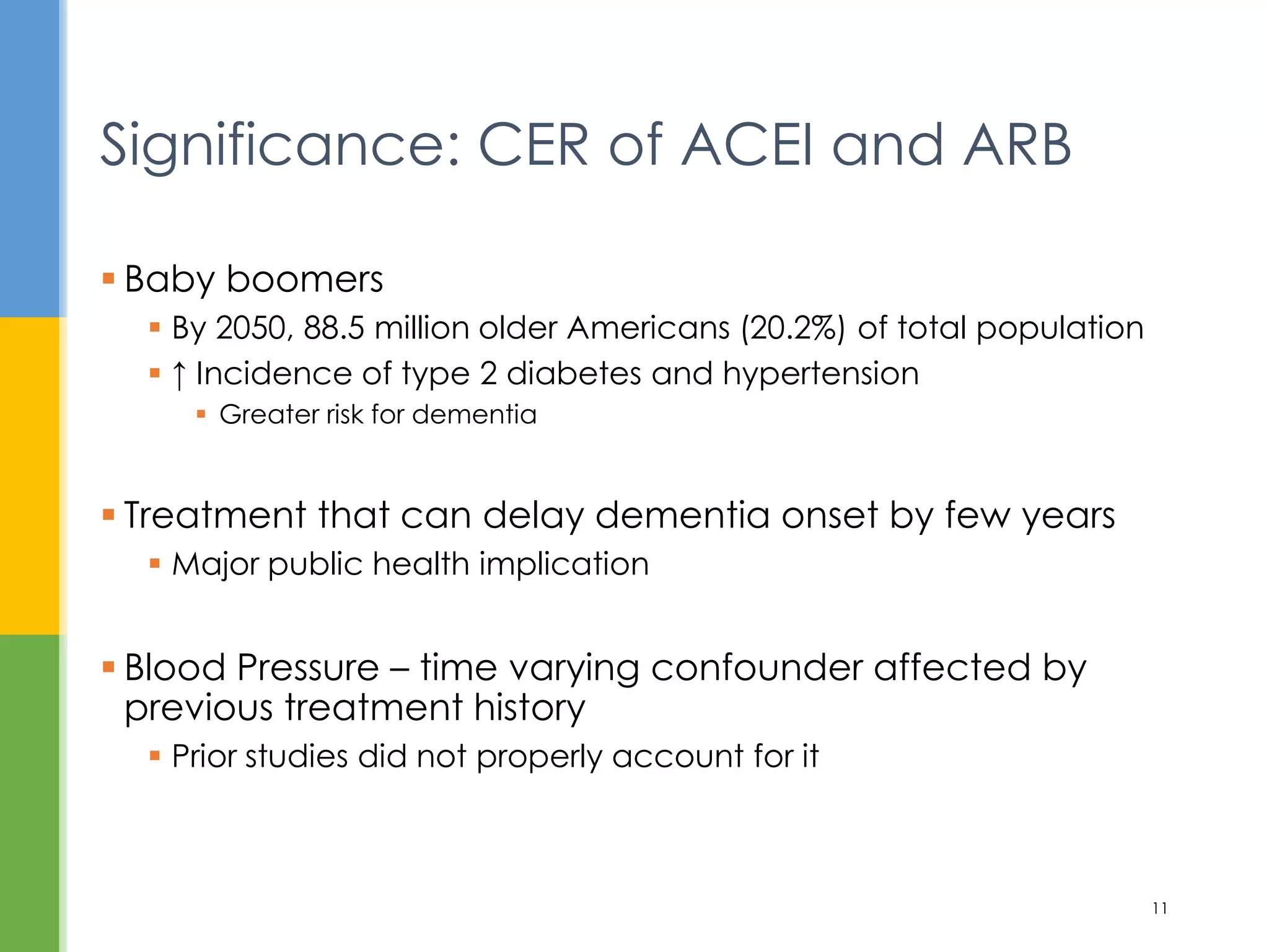  Baby boomers
 By 2050, 88.5 million older Americans (20.2%) of total population
 ↑ Incidence of type 2 diabetes and hypertension
 Greater risk for dementia
 Treatment that can delay dementia onset by few years
 Major public health implication
 Blood Pressure – time varying confounder affected by
previous treatment history
 Prior studies did not properly account for it
Significance: CER of ACEI and ARB
11
 