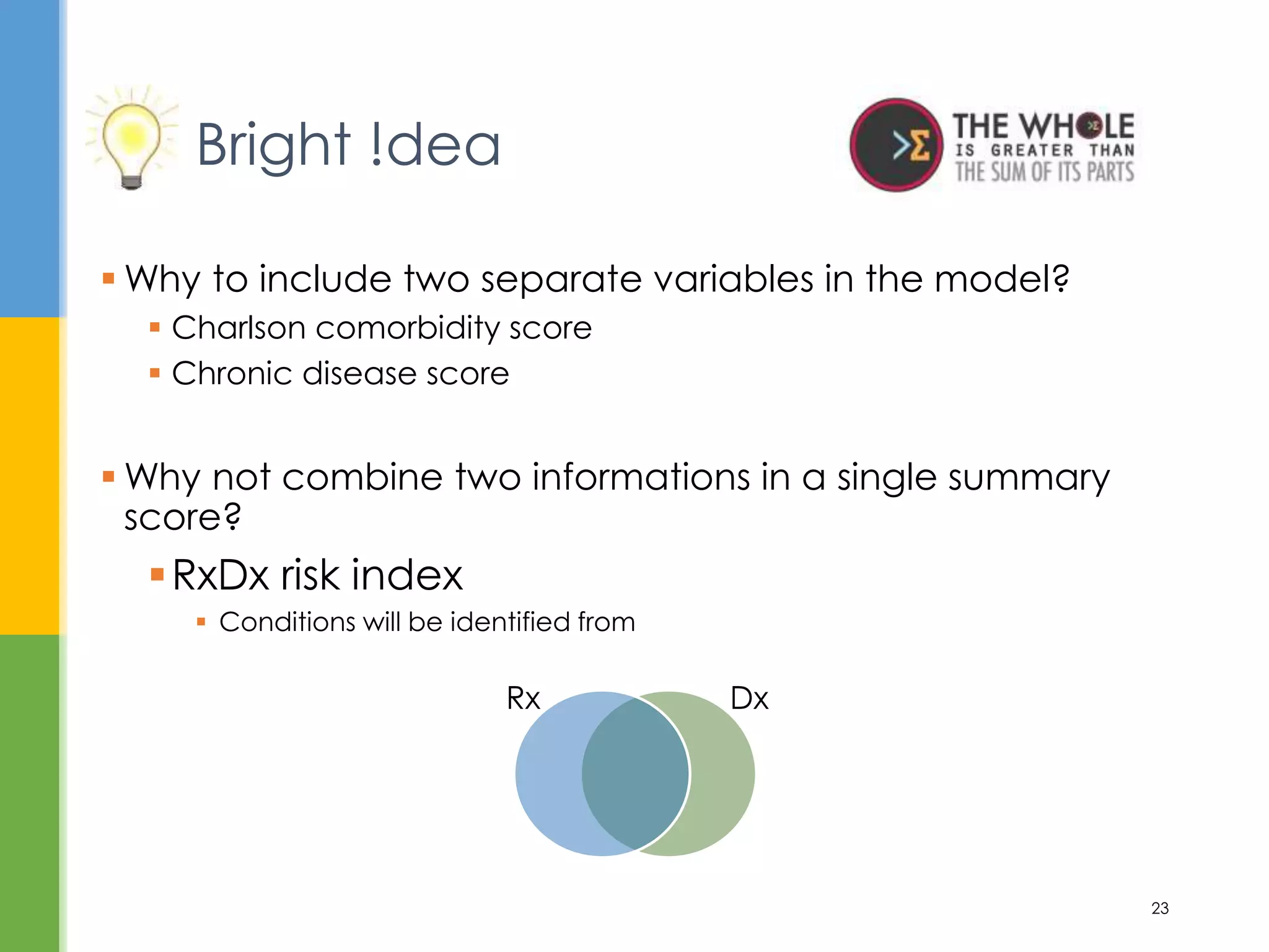  Why to include two separate variables in the model?
 Charlson comorbidity score
 Chronic disease score
 Why not combine two informations in a single summary
score?
RxDx risk index
 Conditions will be identified from
Bright !dea
23
Rx Dx
 
