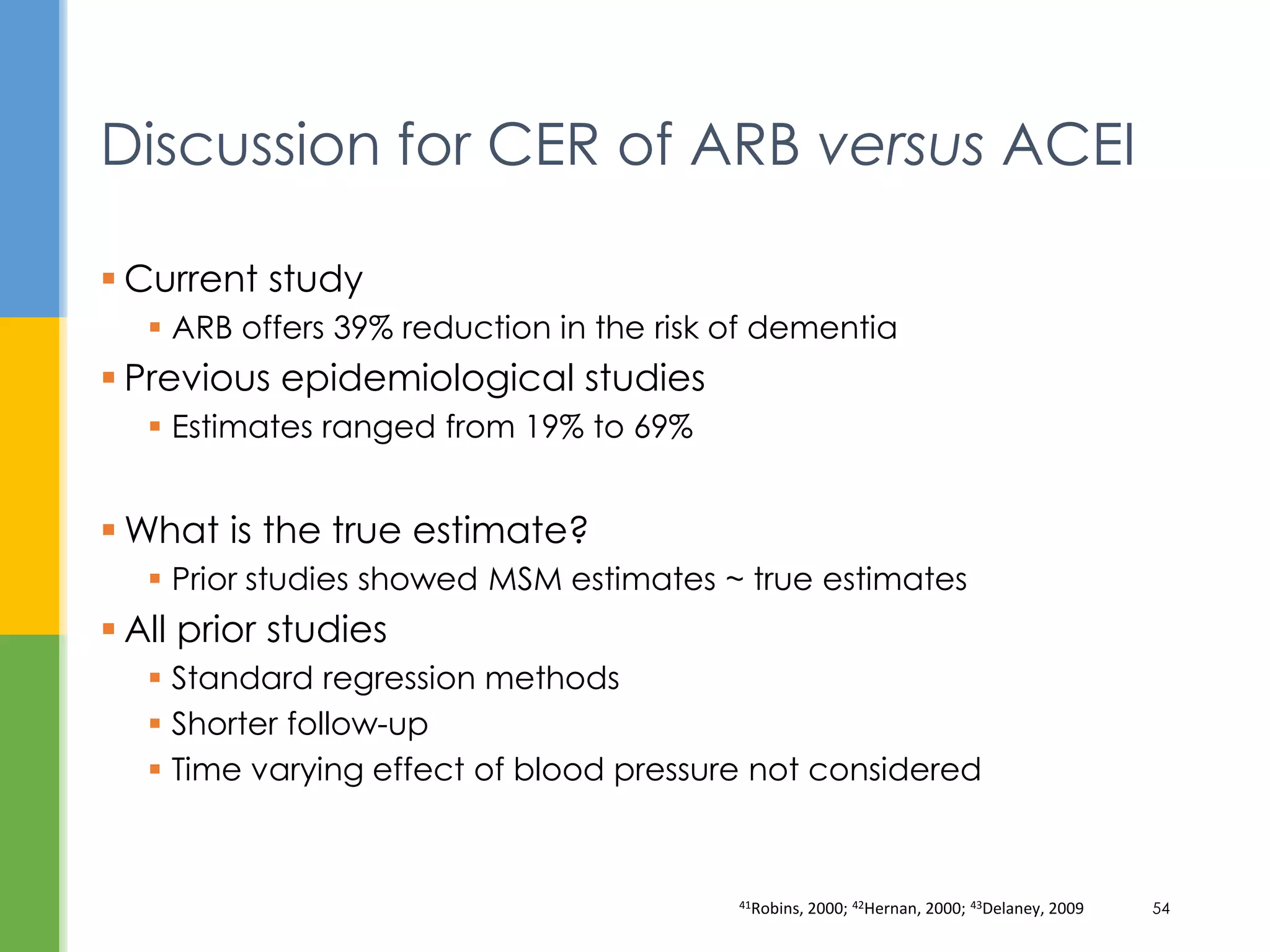  Current study
 ARB offers 39% reduction in the risk of dementia
 Previous epidemiological studies
 Estimates ranged from 19% to 69%
 What is the true estimate?
 Prior studies showed MSM estimates ~ true estimates
 All prior studies
 Standard regression methods
 Shorter follow-up
 Time varying effect of blood pressure not considered
Discussion for CER of ARB versus ACEI
41Robins, 2000; 42Hernan, 2000; 43Delaney, 2009 54
 